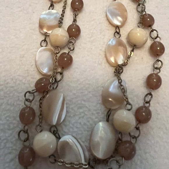 Multi-Row Tan Shell & Bead Necklace - 15 inches - Picture 2 of 2